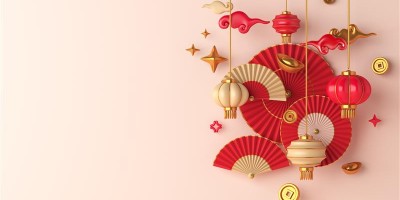 This is a 3D generated image. four paper lanterns hang in the foreground. Two of the lanterns are red and two are a tan colour. The lanterns are held up with a golden rope. In the background are 5 red oriental paper fans. Small scattered golden ingots are also in the image.