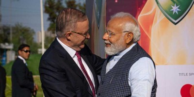 Prime Minister Anthony Albanese shaking hands with Indian Prime Minister Narendra Modi