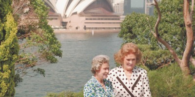 Her Majesty The Queen and Dame Joan Sutherland with Sydney Harbour and the Sydney Opera House in the background