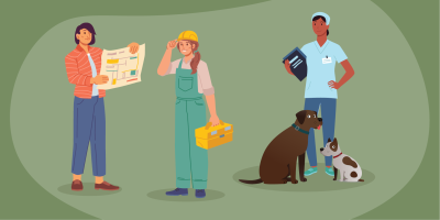 Nominate a woman, illustration of 3 people, one is holding a map, one is holding a tool box and one is with two dogs holding a clipboard.