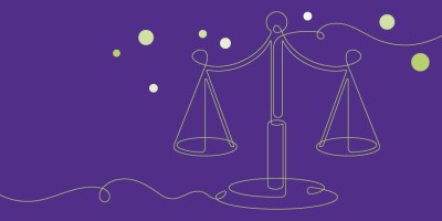 Image of a line art drawing of traditional scales, on a purple background, surrounded by green bubbles.