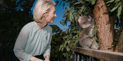 Ursula von der Leyen smiling and leaning toward a koala sitting in a eucalyptus tree at Taronga Zoo.